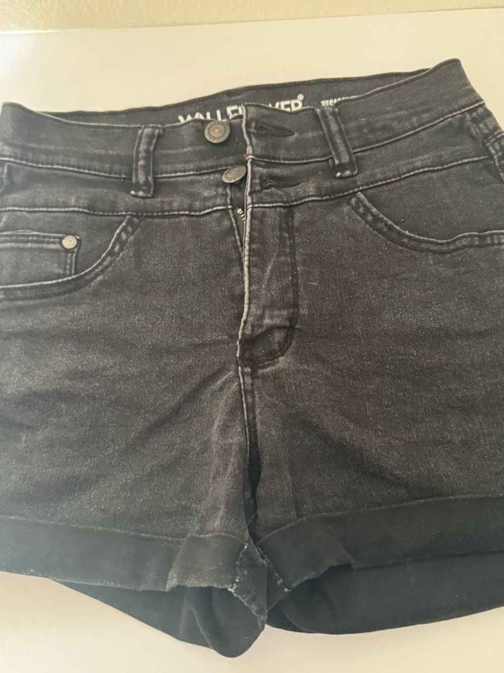 Wallflower Black Denim High Rise Shorts with Roll Up Edge